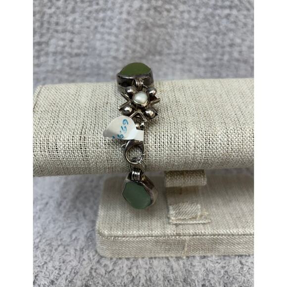Silver Green Sea Glass & Pearl Link Bracelet 7.75" AS IS #65109 - Picture 3 of 6